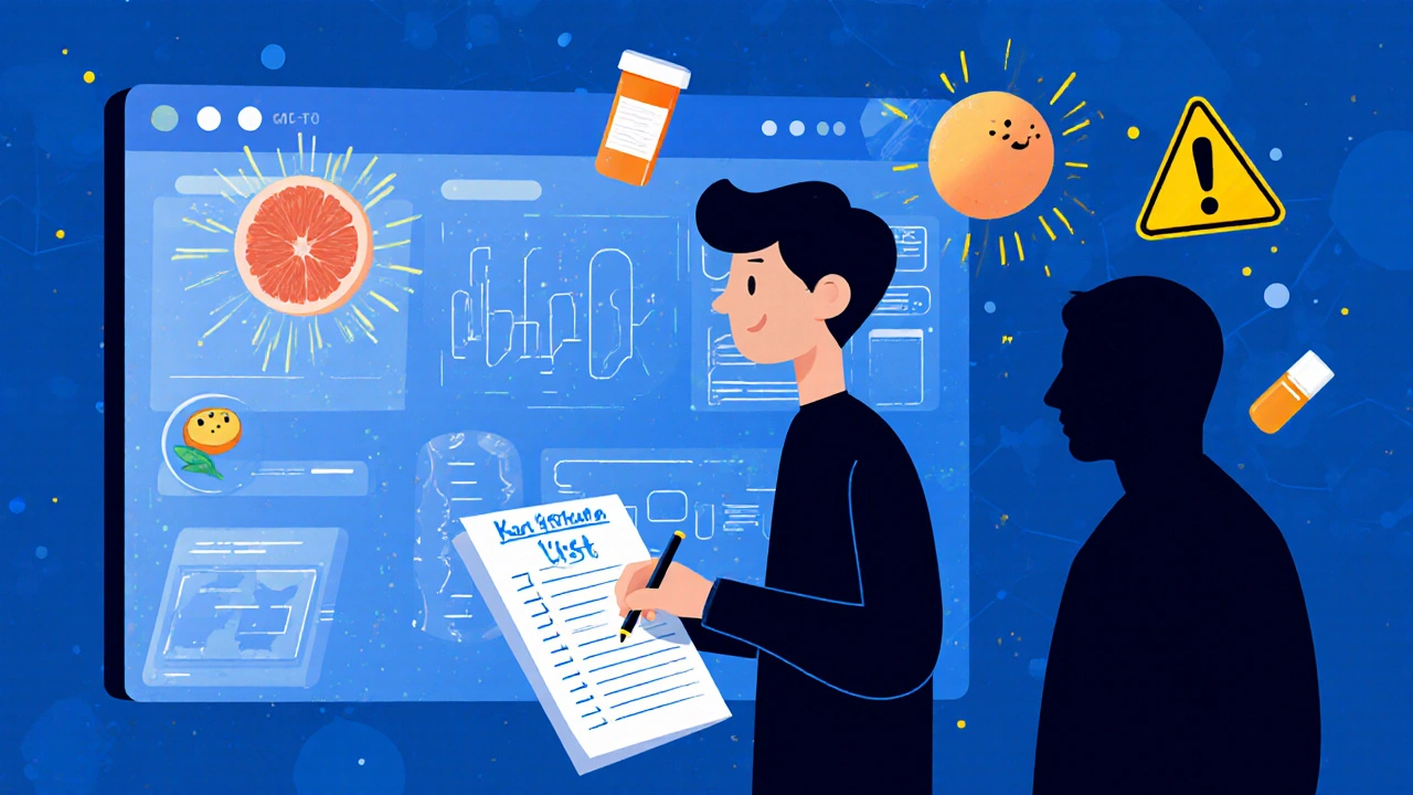 Patient mit Medikationsliste vor AI-Bildschirm, der genetische Wechselwirkungen zeigt, während Ärzte Warnungen ignorieren.