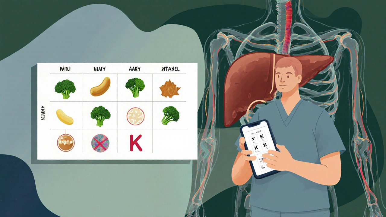 Patient mit Smartphone-App und Wochenplan an der Wand, durchscheinende Leber zeigt Vitamin-K- und Warfarin-Verarbeitung in geometrischer Harmonie.