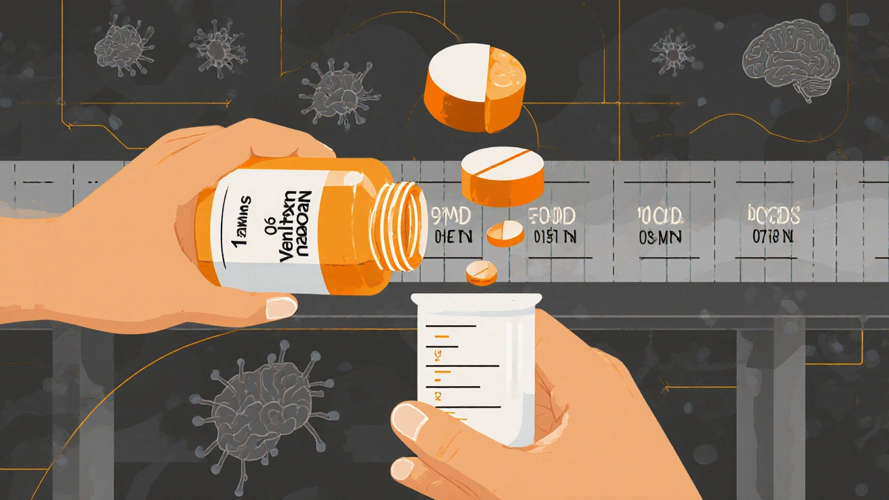 Patient teilt Tablette in mikroskopisch kleine Dosen mit Messbecher und Zeitlinie