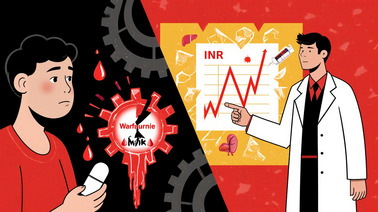 Patient with milk thistle capsule causing warfarin blood droplets and alarm signals in a broken gear system.
