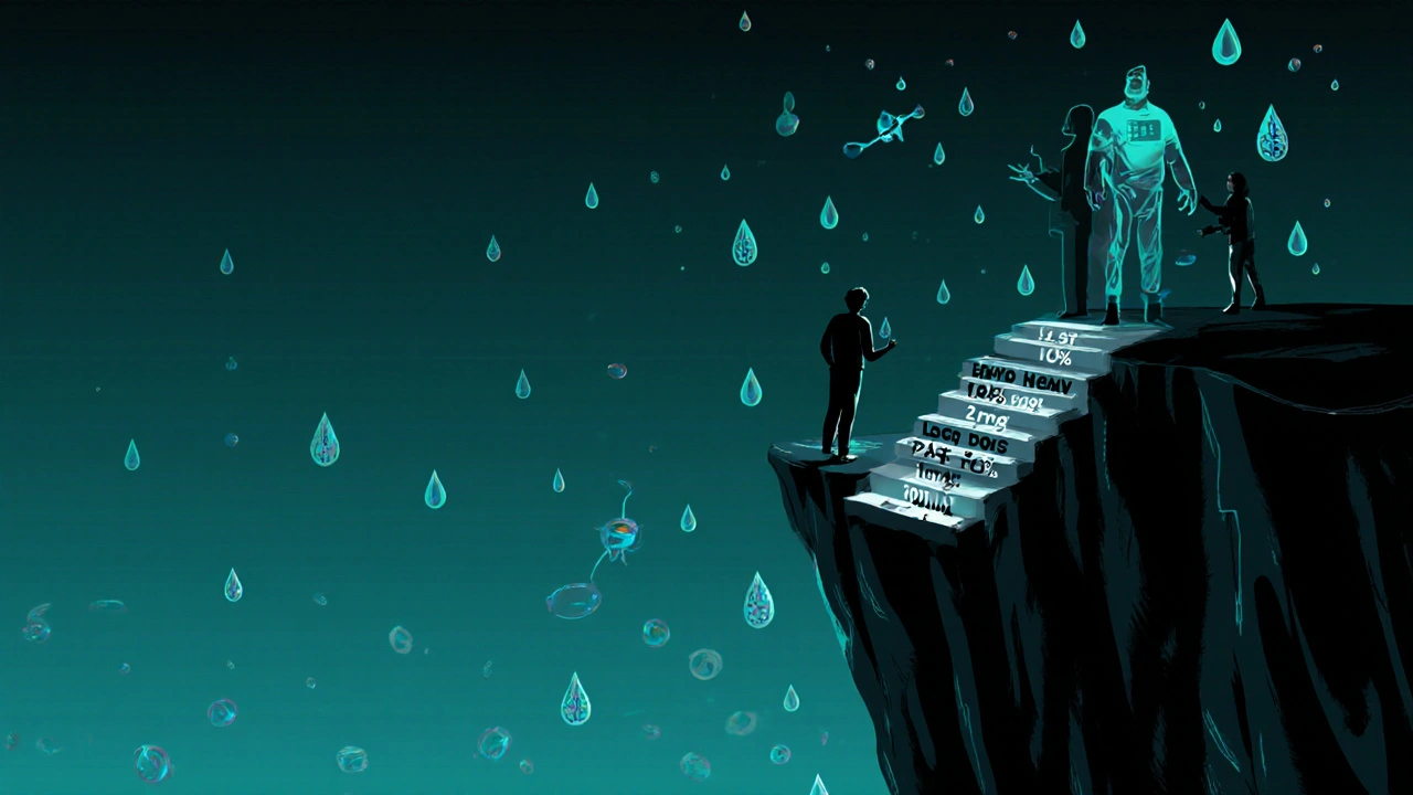 Person steigt langsam eine Stufenleiter aus Mikrodosen ab, letzte Stufe ist kritisch