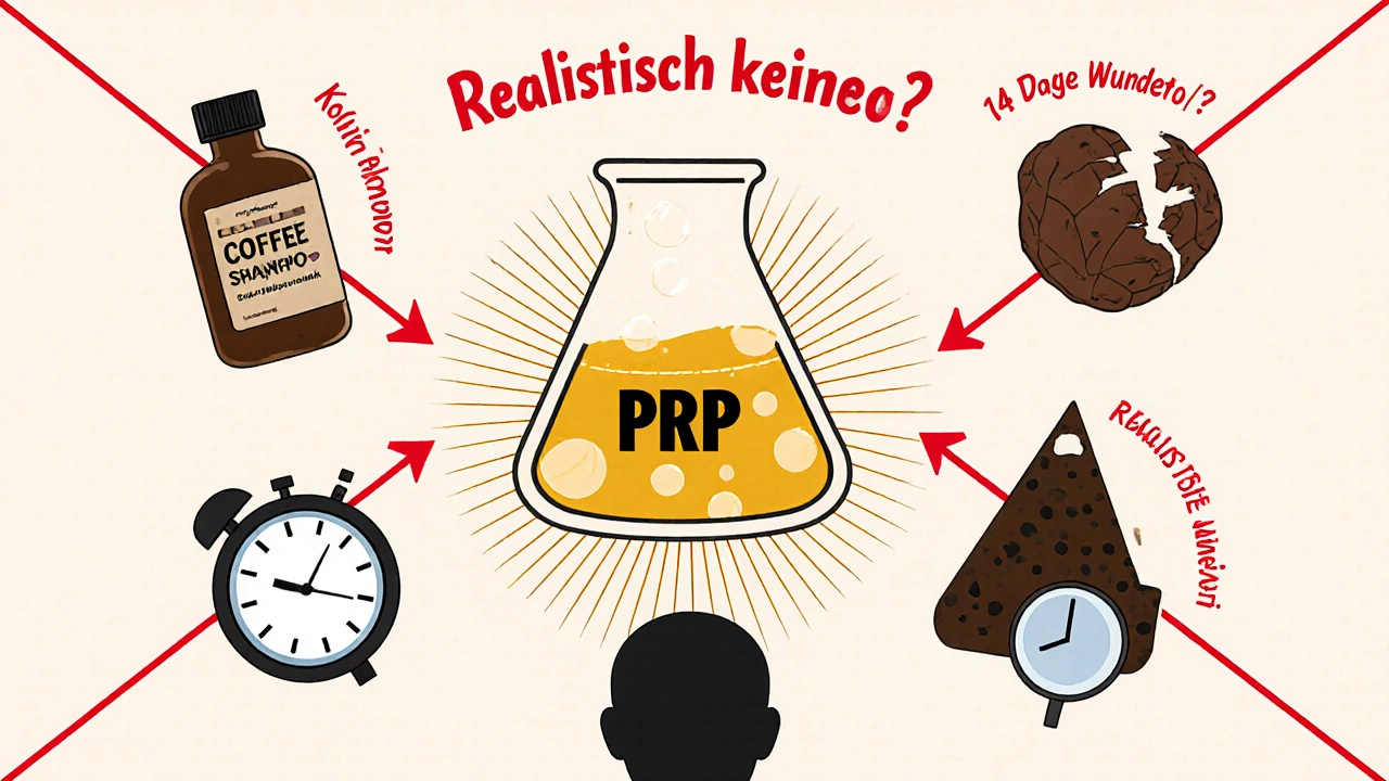 PRP-Becher mit goldenem Plasma, umgeben von Haarbehandlungs-Symbolen, trichoskopischer Blick auf gesunde Haarwurzeln