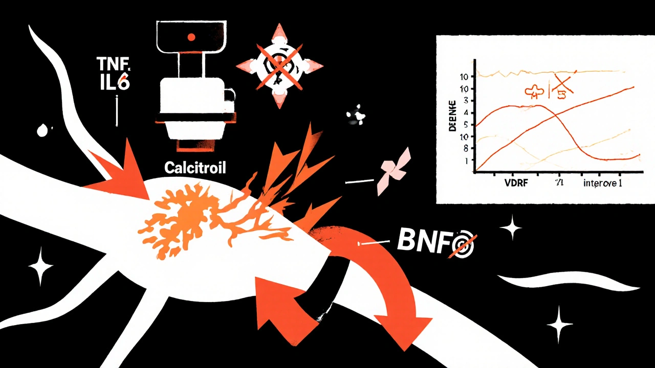 Querschnitt eines Nervs mit Calcium‑Fluss, Calcitriol‑Aktivierung, anti‑entzündlichen Symbolen und BDNF.