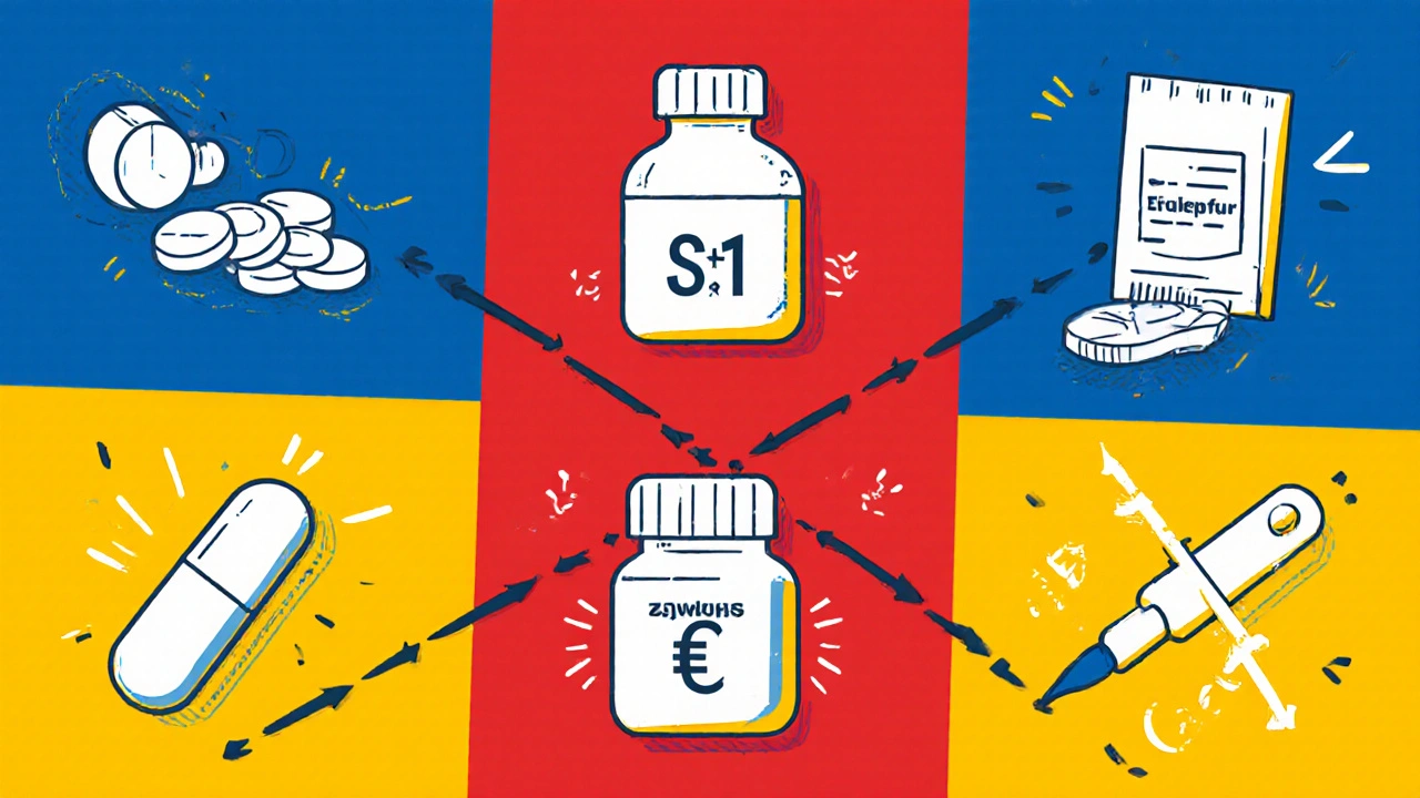 Raster von Symbolen für Zocitab, 5‑FU, S‑1, Tegafur und Oxaliplatin‑Kombinationen.