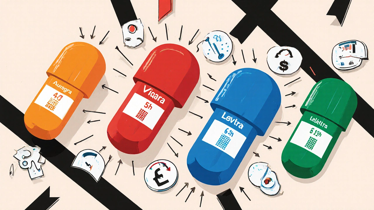 Vergleich von vier ED‑Medikamenten mit Dauer‑ und Preis‑Icons