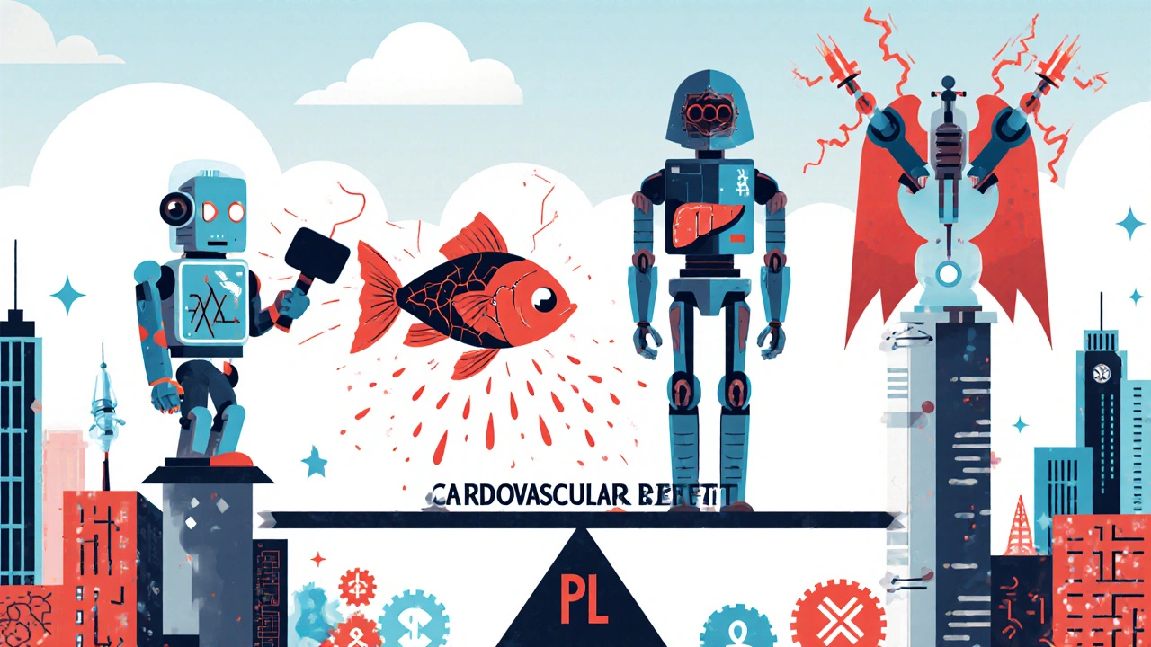 Vier medizinische Alternativen als mechanische Figuren auf einer Waage mit kardiovaskulärem Nutzen.