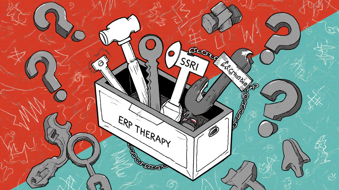 Werkzeugkiste mit Therapie-Tools: ERP-Hammer, SSRI-Schlüssel, SNRI-Waage und Clofranil-Zange mit Warnsymbolen.