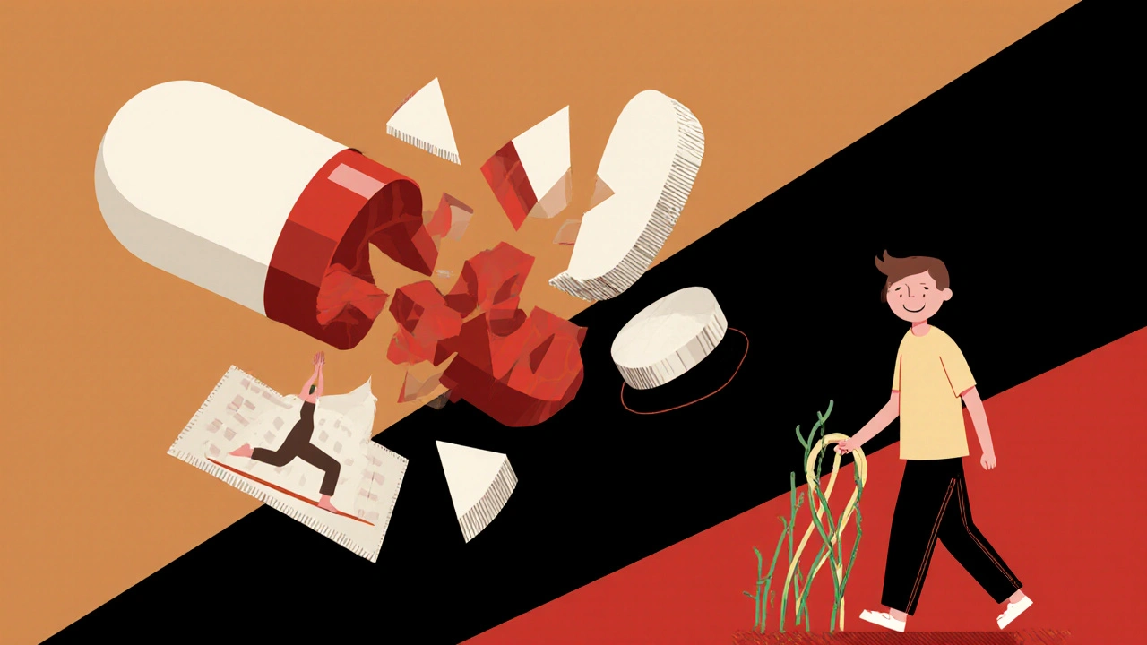 Zerbrochene Pille verwandelt sich in Yoga, Wärmflasche und Magnesium – Symbol für ganzheitliche Gesundheit