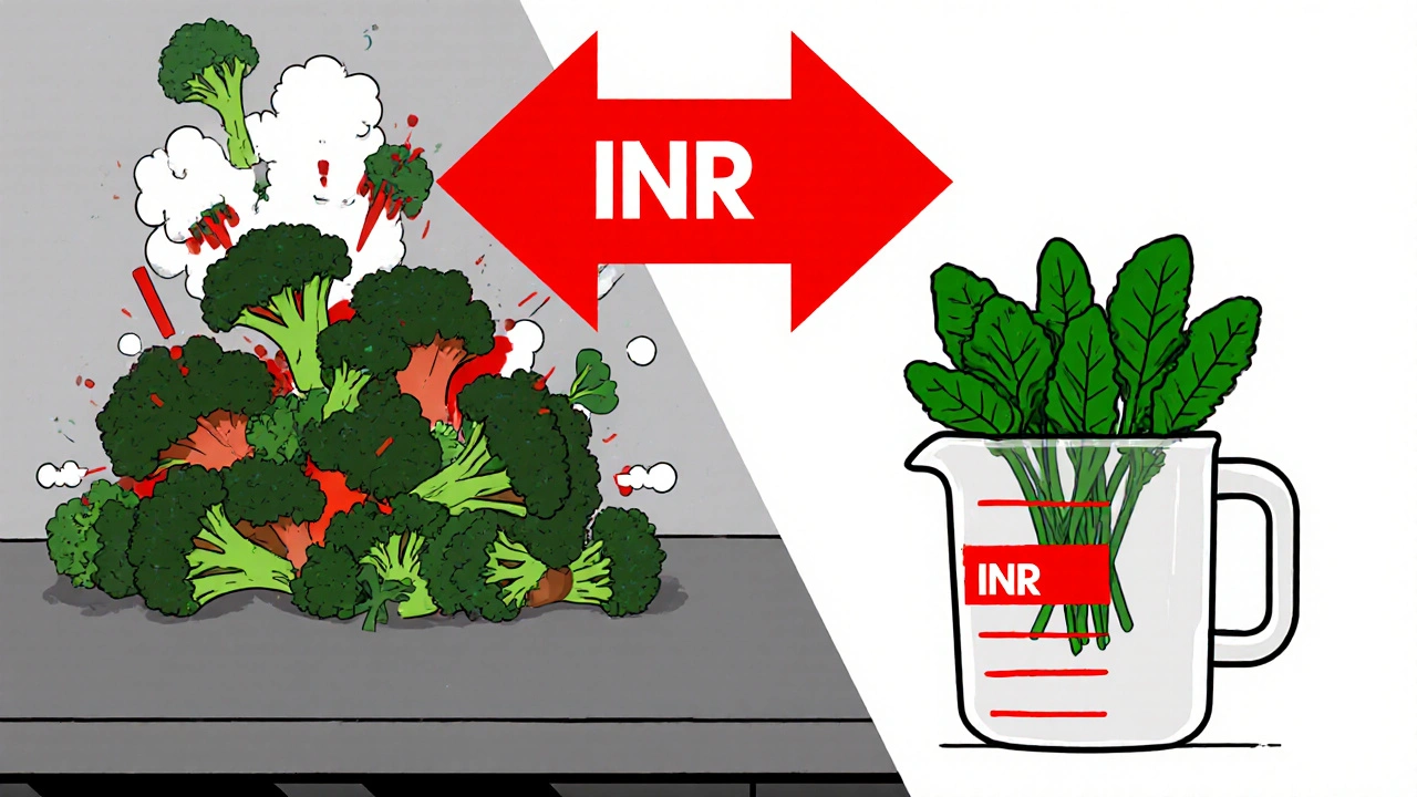 Zwei Küchenhälften: eine chaotisch mit üppigem Grünzeug, die andere mit präziser Portion Spinat – ein roter Pfeil zeigt den stabilen INR-Wert.