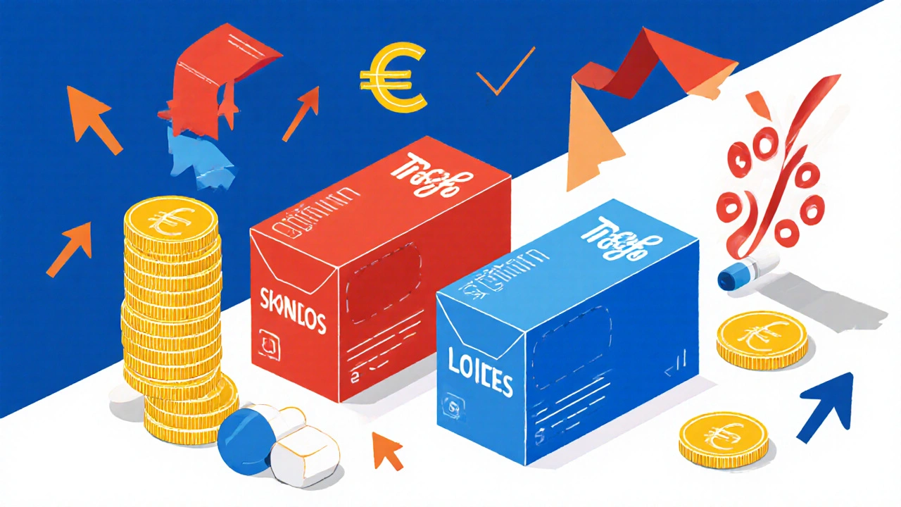Zwei Pillendosen, rot und blau, neben Münzen und Euro‑Symbolen, zeigen Preisunterschied.