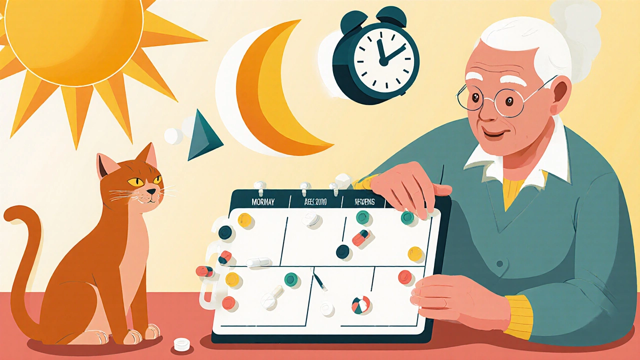 Ältere Person füllt einen wöchentlichen Pillenorganizer an der Küchentabelle, während eine Katze daneben sitzt und geometrische Symbole die Tageszeiten anzeigen.