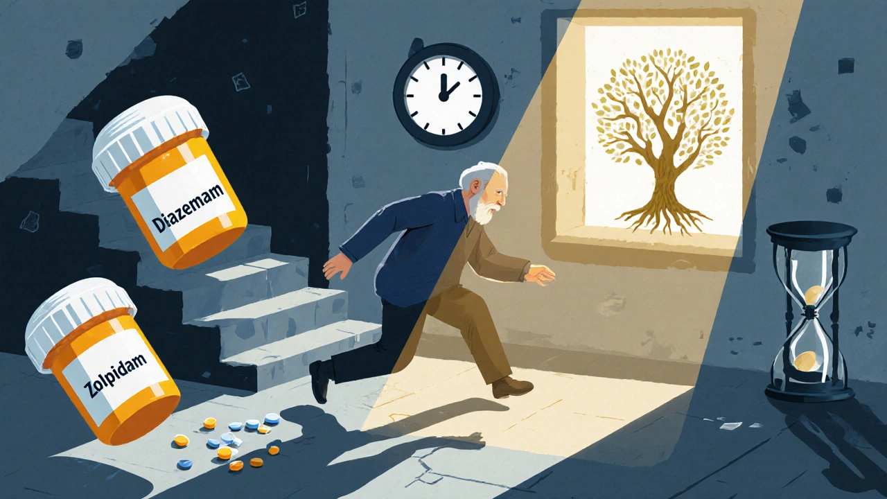 Älterer Mensch stürzt, umgeben von Schlafmittel-Flaschen, während ein Baum der Schlaftherapie im Hintergrund wächst.