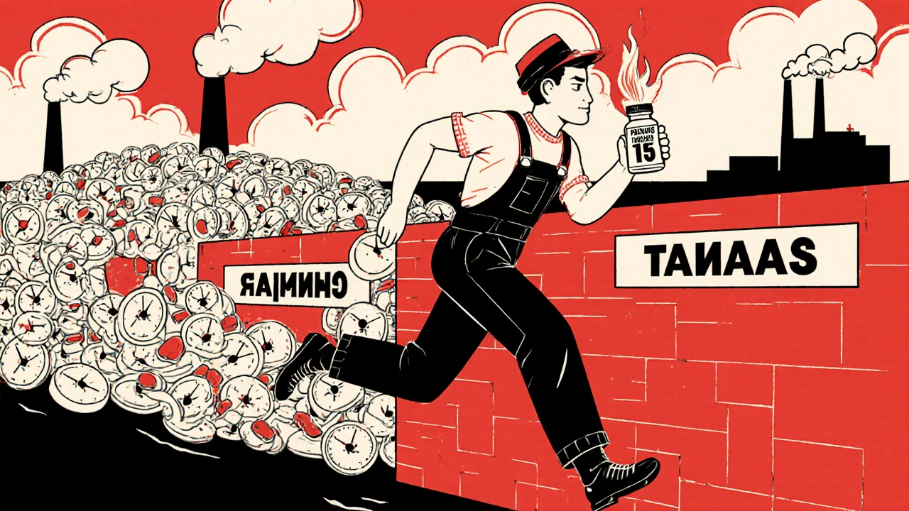 Arbeiter mit Generikum als Fackel, läuft an Patentbarrieren vorbei, dynamische Propagandakomposition