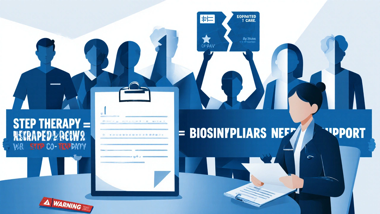 Arzt reicht Einspruch ein, Patienten halten Schilder mit Kritik an Versicherungssystemen