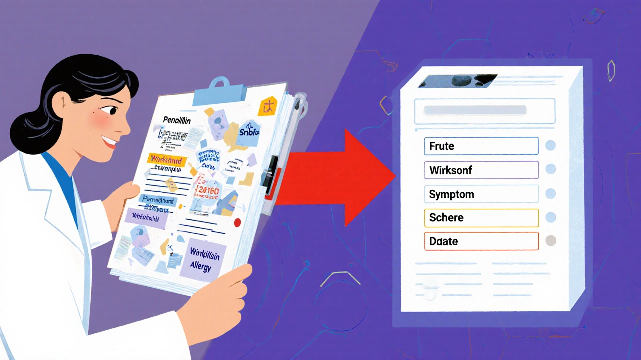 Arzt vergleicht unklare Allergiedaten mit einer strukturierten digitalen Form in Constructivism-Stil.