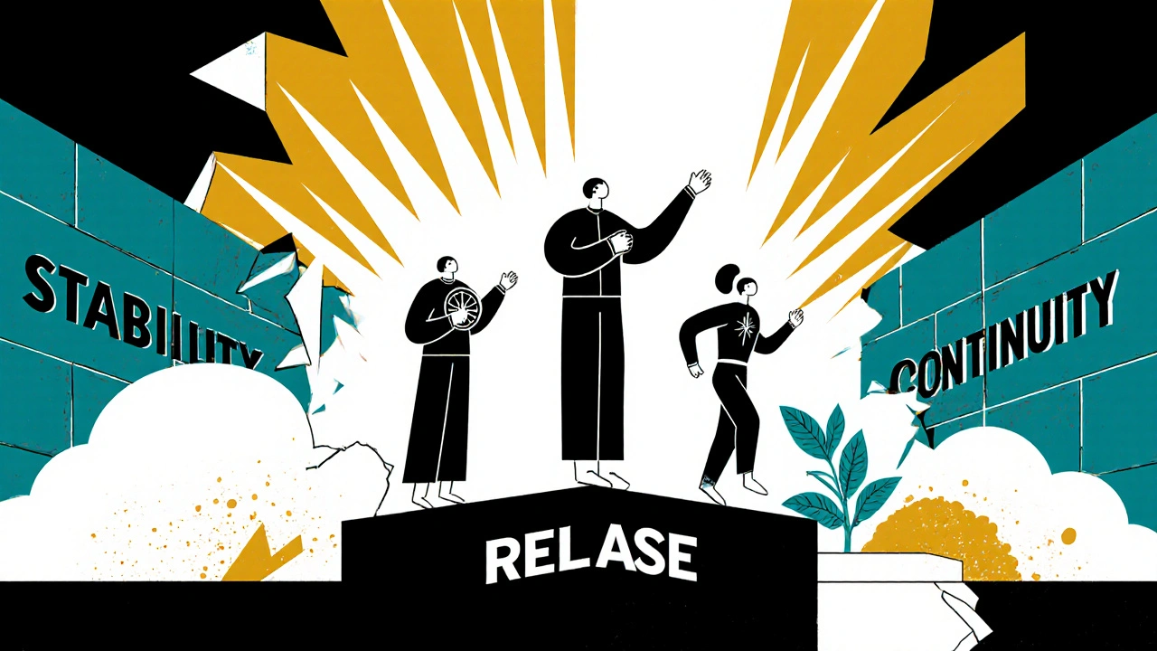 Drei Figuren steigen auf, während eine Wand des Rückfalls einstürzt.