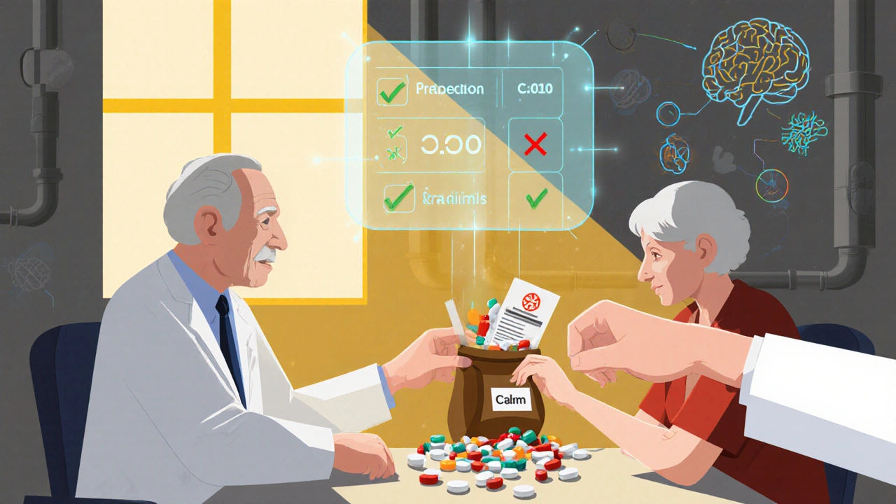 Ein Arzt und ein Patient besprechen Medikamente mit einer KI-Überwachungsanzeige, eine Pille wird entfernt.
