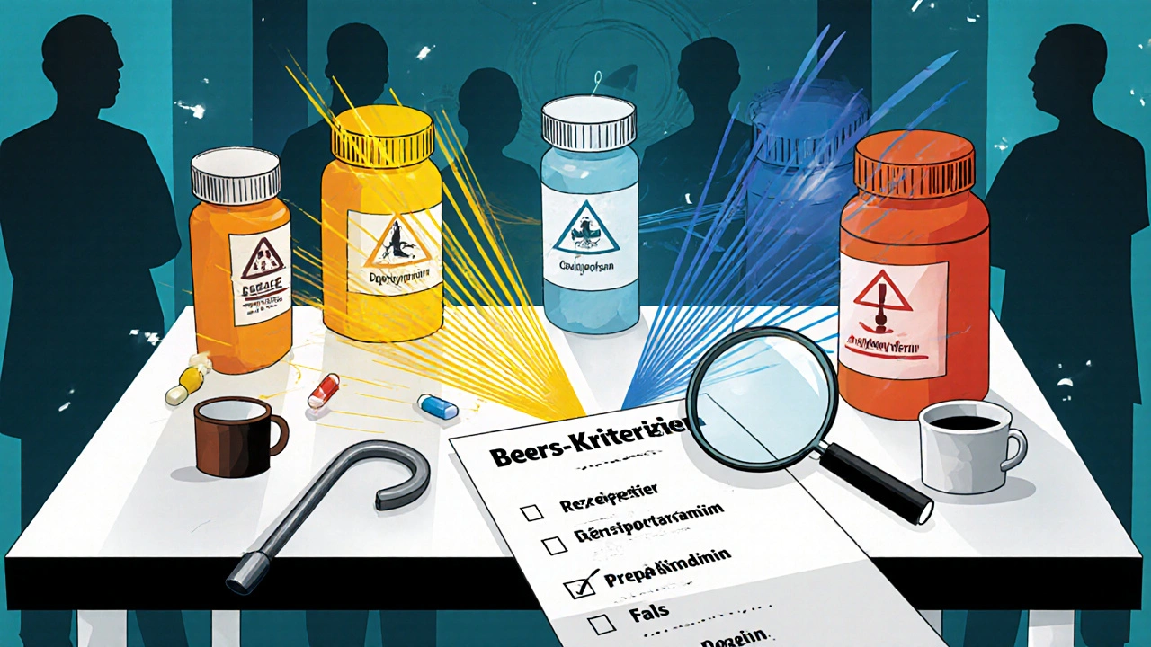 Ein Küchentisch mit mehreren Rezeptflaschen, die gefährliche Wirkungen als farbige Strahlen abstrahlen.