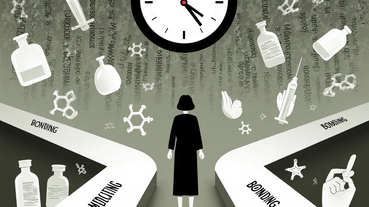 Frau steht zwischen Medikamenten und Stillen, symbolische Wege und Hormonuhr.