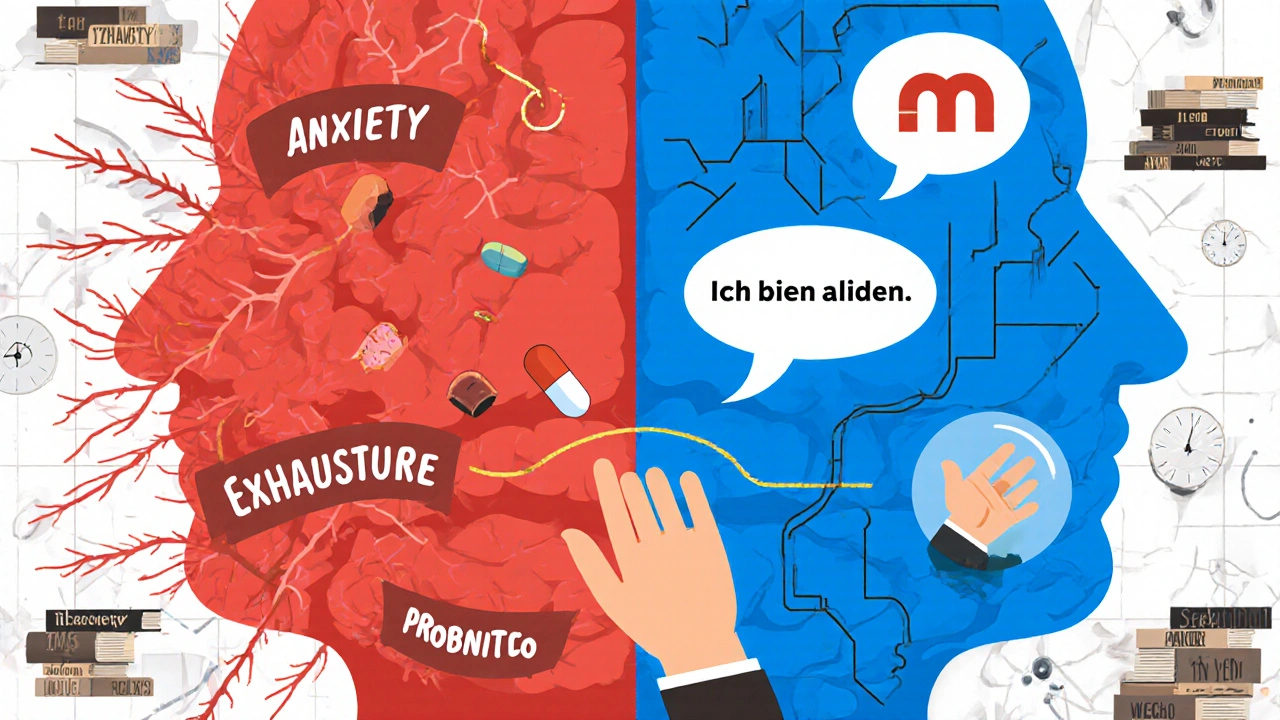 Gehirn mit chaotischen und calmen Regionen, Symbole für Therapieformen, goldenes Verbindungsband zur Hand.