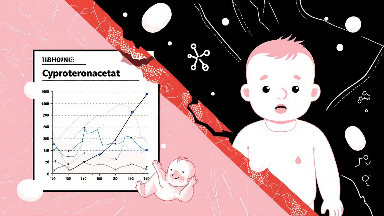 Geteilte Szene: Transfrau nimmt Medikament, Baby zeigt hormonelle Veränderungen.