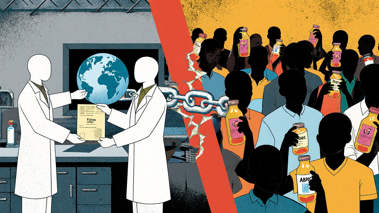 Geteilte Szene: Westliches Pharma-Labor vs. afrikanische Klinik mit leeren Pillenflaschen.