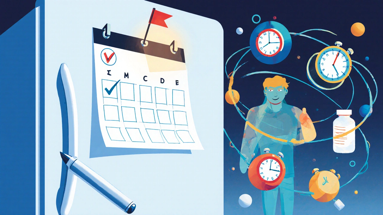 Medikationskalender an der Kühlschranktür mit angekreuzten Kästchen, ein Stift liegt daneben, abstrakte Formen symbolisieren erfolgreiche Einnahmen.