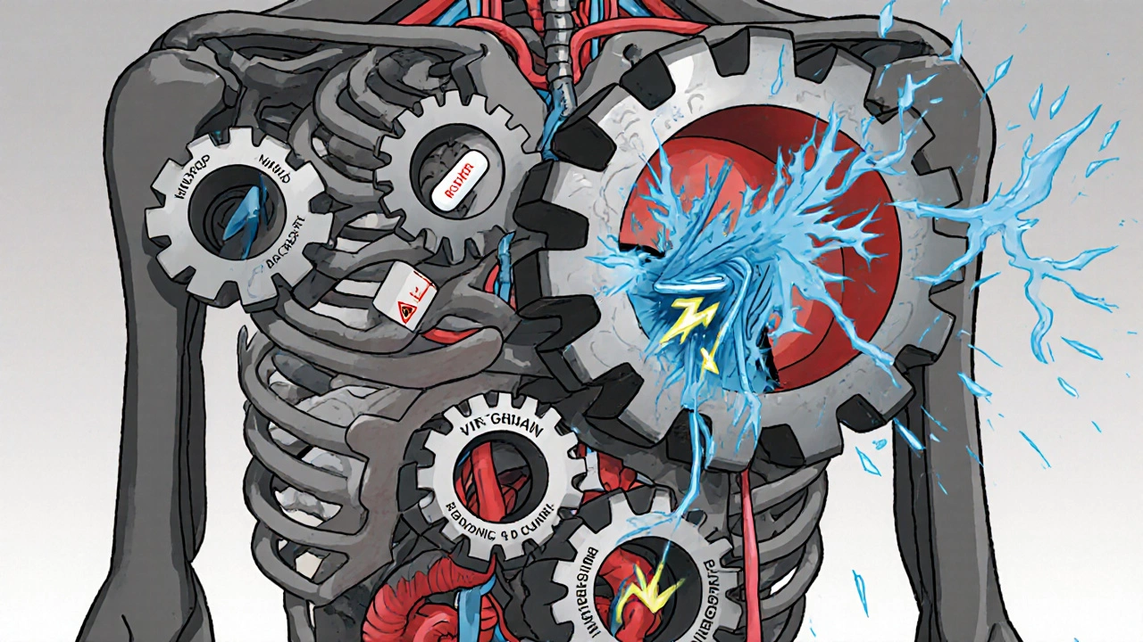 Menschlicher Körper mit fehlgelaufenen Medikamentengetrieben, die giftige Funken in Nerven aussenden.