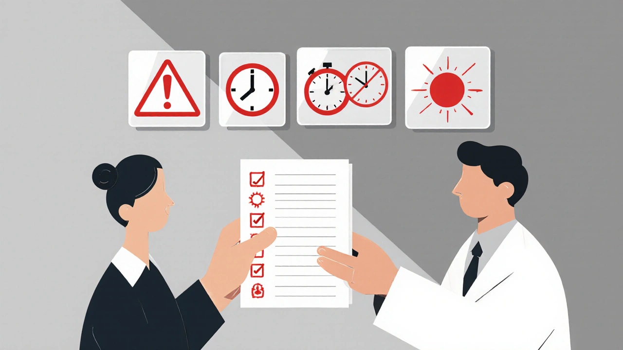 Patient übergibt eine Allergieliste, während darüber Warnsymbole und Zeitzeichen schweben.