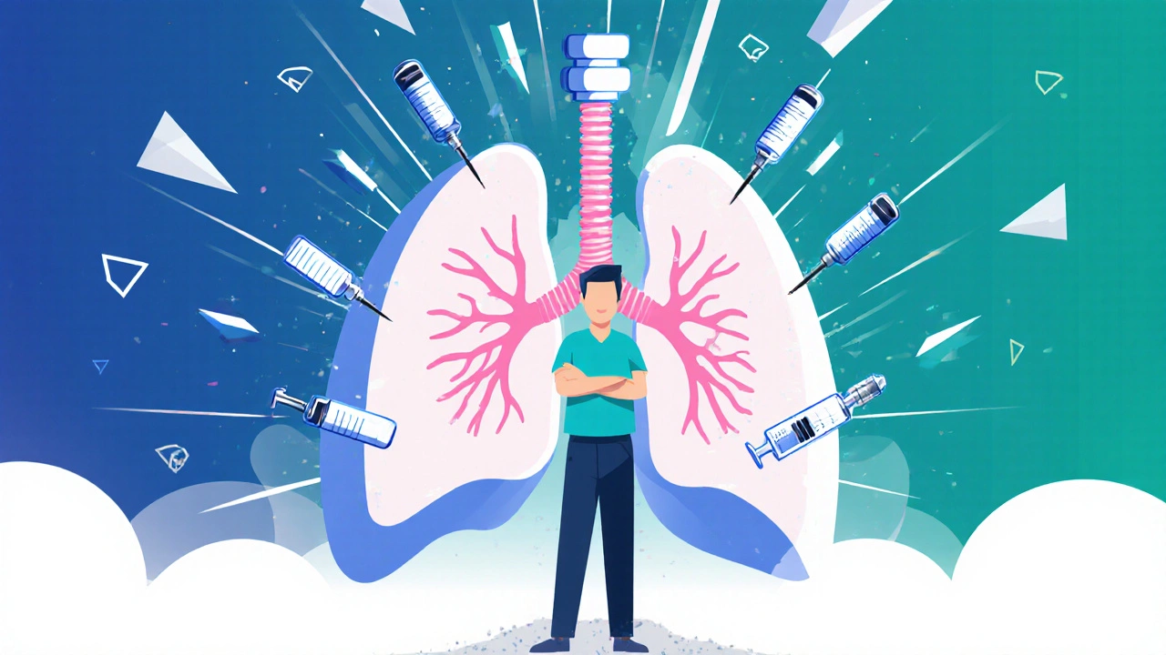 Patient wird von einem biologischen Molekül geschützt, während Pillen in Staub zerfallen und die Lunge gesund wird.