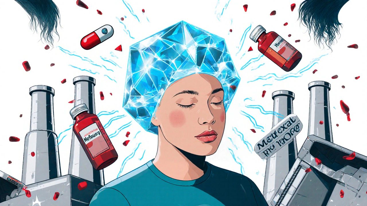 Patientin mit kühlem Kappe, die Chemotherapie-Medikamente von Haarwurzeln ablenkt, im Konstruktivismus-Stil.