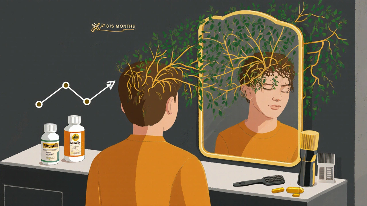 Person im Spiegel, deren Reflexion gesundes Haar als Wurzeln wachsen lässt, umgeben von Therapie-Tools, im Konstruktivismus-Stil.