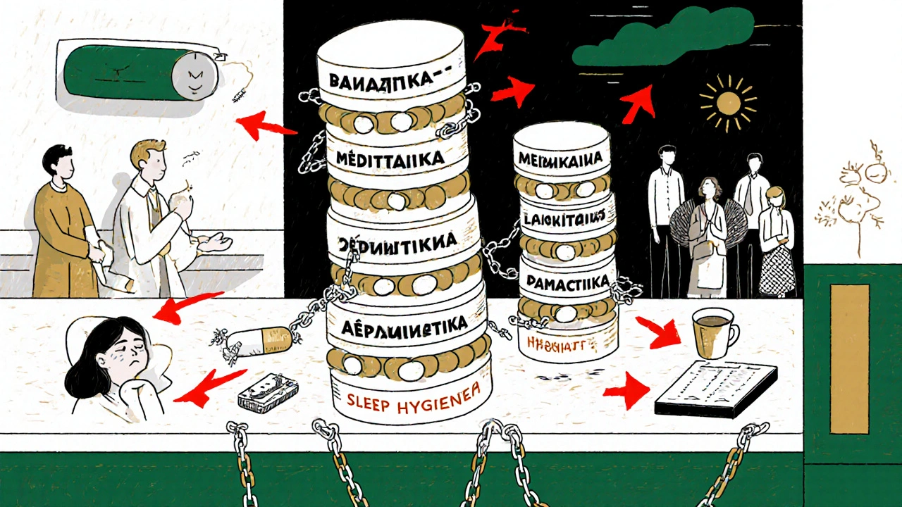 Pharmazie-Theke mit Pillenketten, die einen Patienten binden, während andere gesunde Schlafgewohnheiten praktizieren.