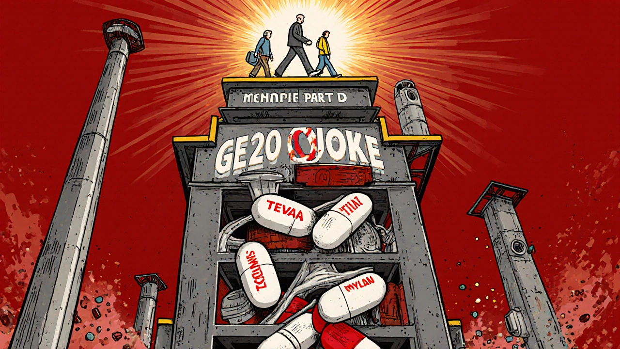 Riesige Wirbelsäule aus Generika-Pillen als Fundament eines Gebäudes, während teure Markenmedikamente zerfallen.