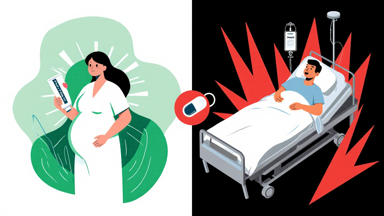 Schwangere Frau mit Nystatin und Patientin mit Voriconazol in kontrastierenden geometrischen Szenen