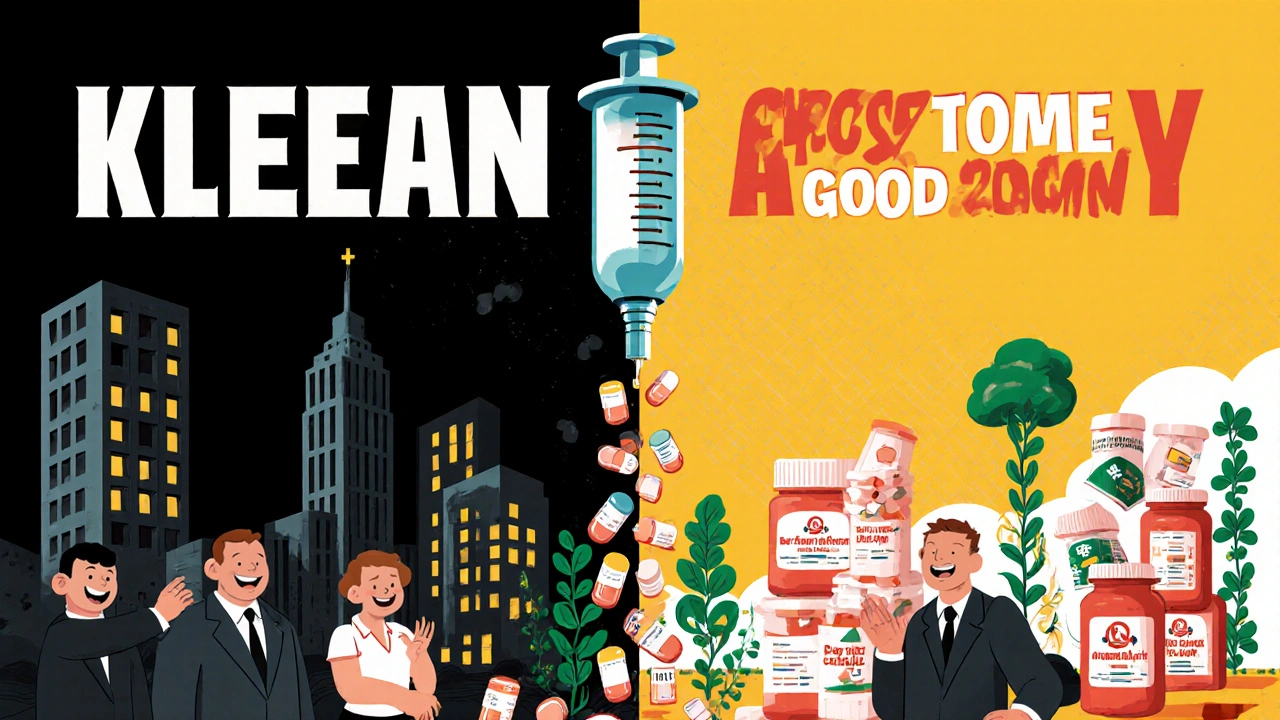 Spritze mit billigen Pillen flutet Stadt, Schattenfiguren versuchen zu blockieren, Konstruktivismus-Stil