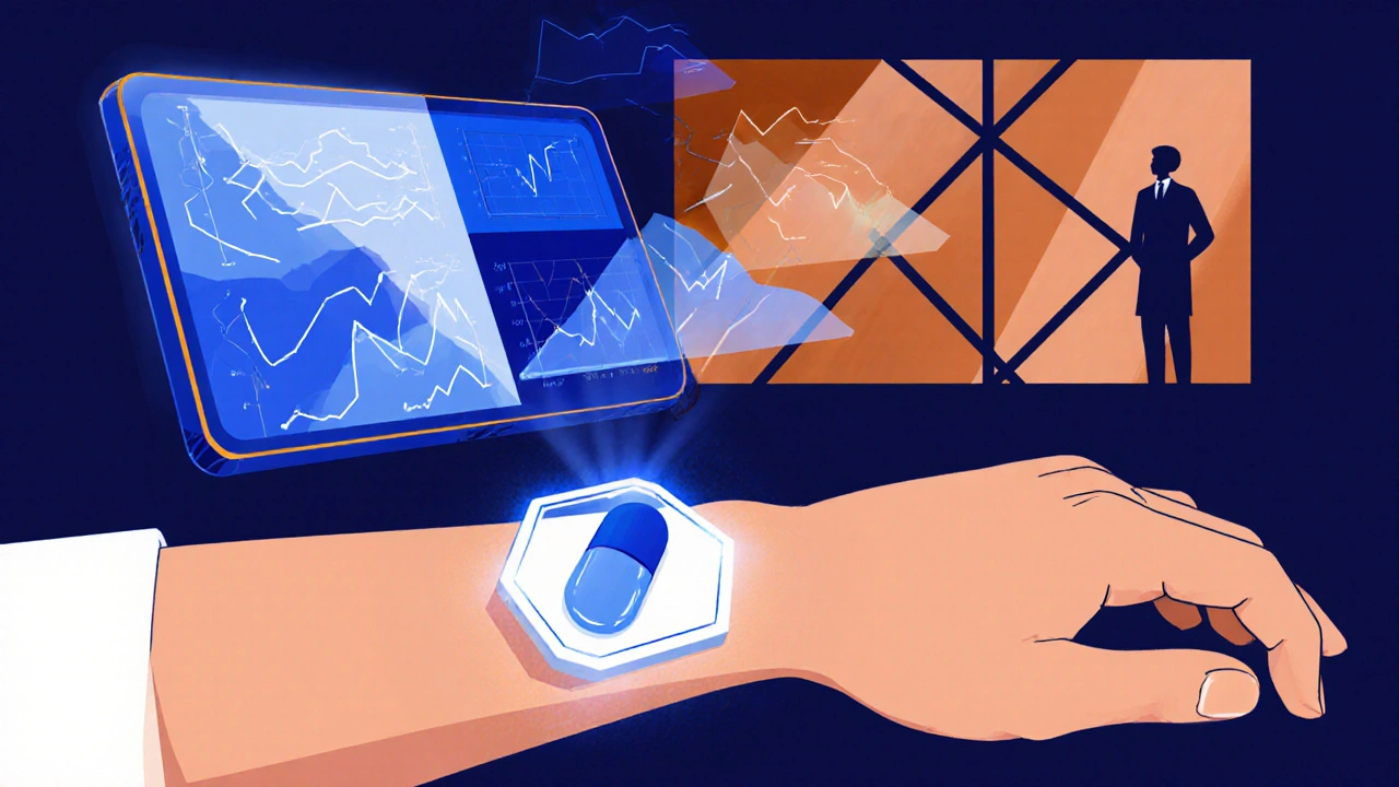 Träger eines medizinischen Pflasters mit Datenströmen auf dem Smartphone.