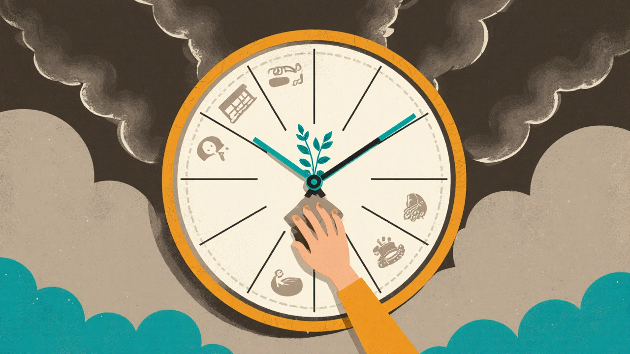 Uhr mit täglichen Gewohnheiten als Segmente, bedroht von dunklen Wolken.