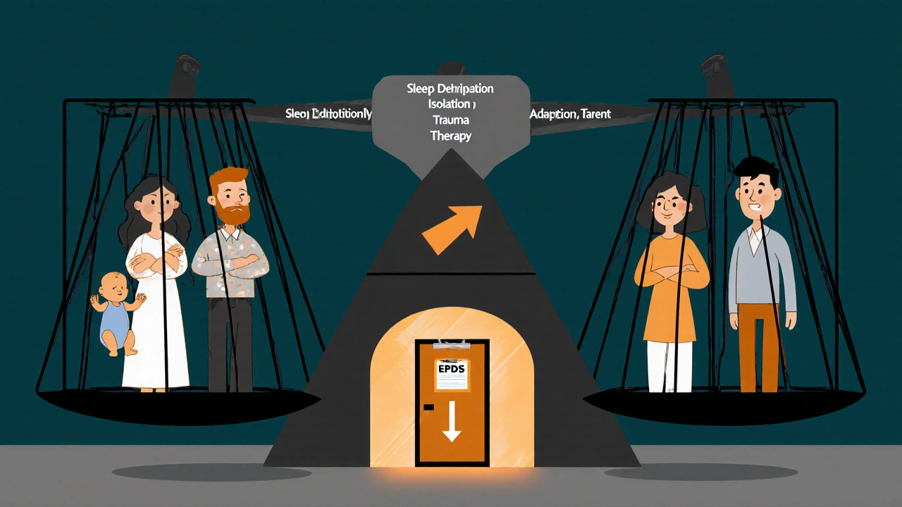 Verschiedene Eltern in geometrischen Käfigen, Waage mit Baby und Lasten, Weg zur Therapie in Licht.