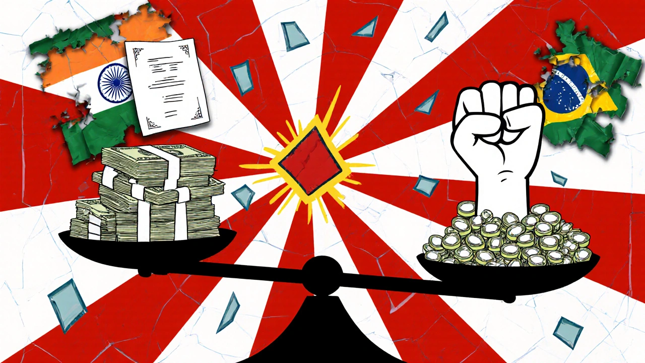 Waage mit Patenten und Geld gegen Medikamente und Faust — asymmetrisch und instabil.