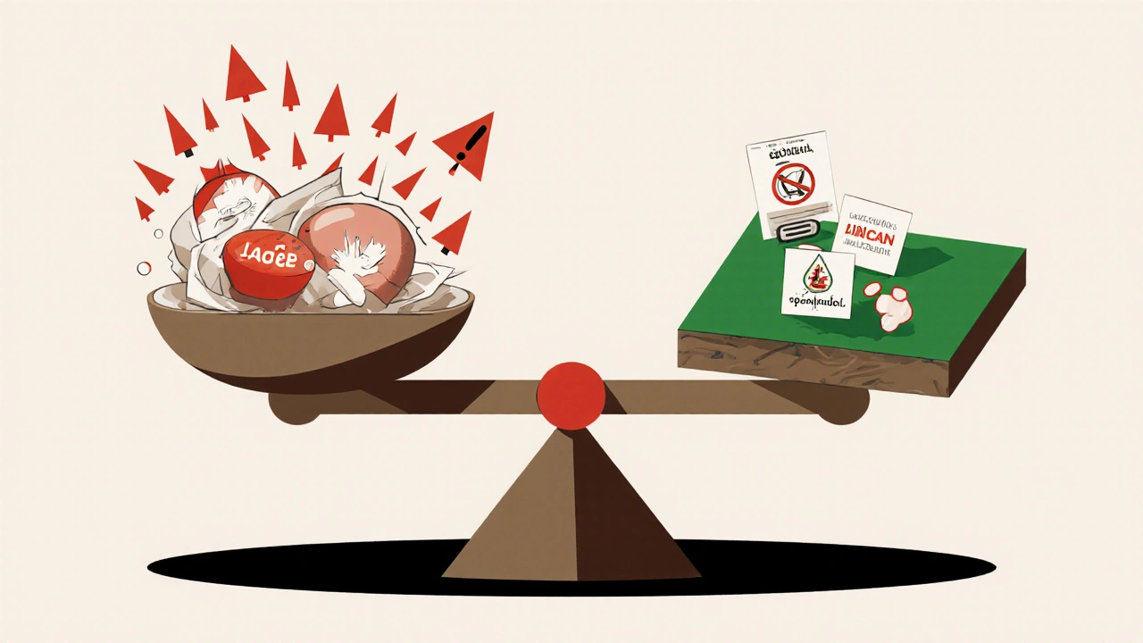 Waage mit Tramadol und Tapentadol — Tramadol sinkt in einen Serotonin-Strudel, Tapentadol ruht sicher auf grüner Fläche.