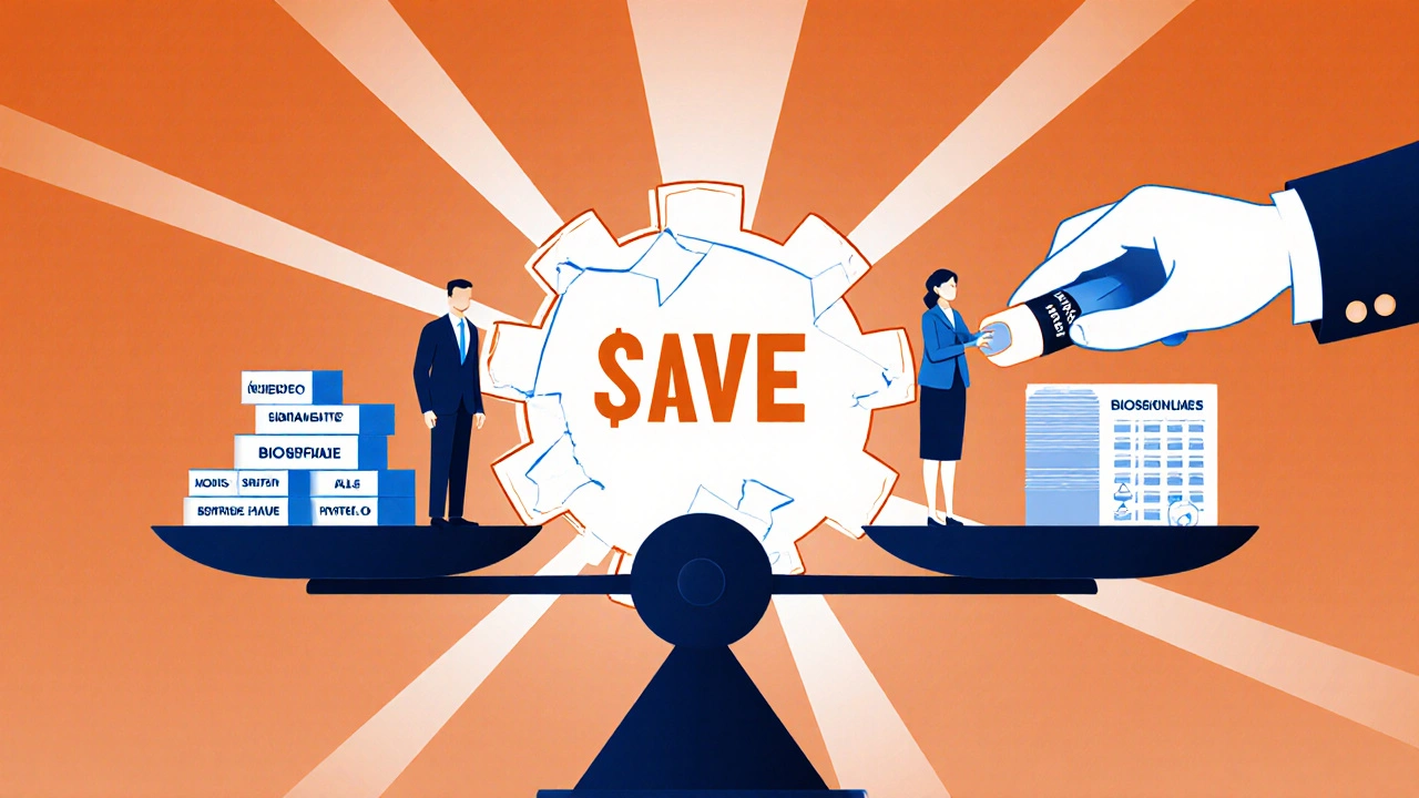 Waage zwischen Pharmaindustrie und Patienten, mit einem kaputten Medicare-Zahnrad und einem neuen, lichtdurchfluteten Lösungsrad.