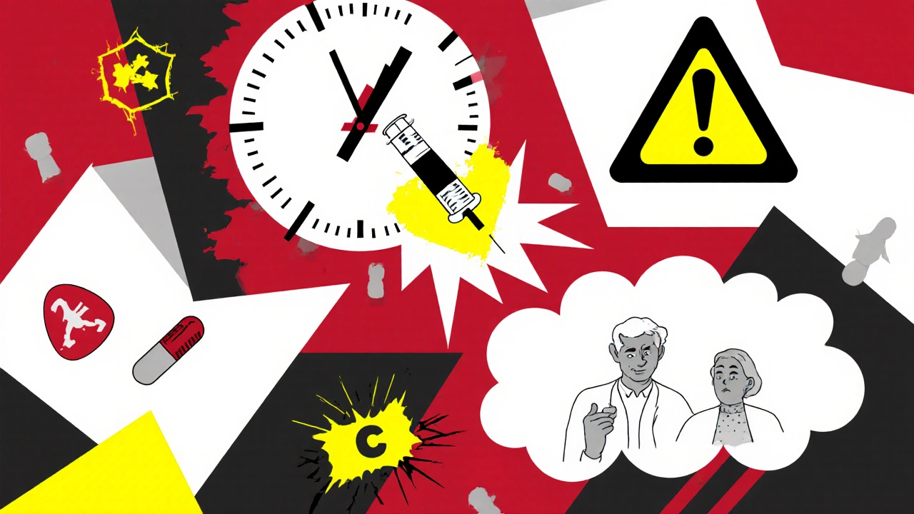 Zerbrochene Krankenakte mit Uhr, Spritze und Warnsymbolen, um eine ältere Person herum, in geometrischen Formen.