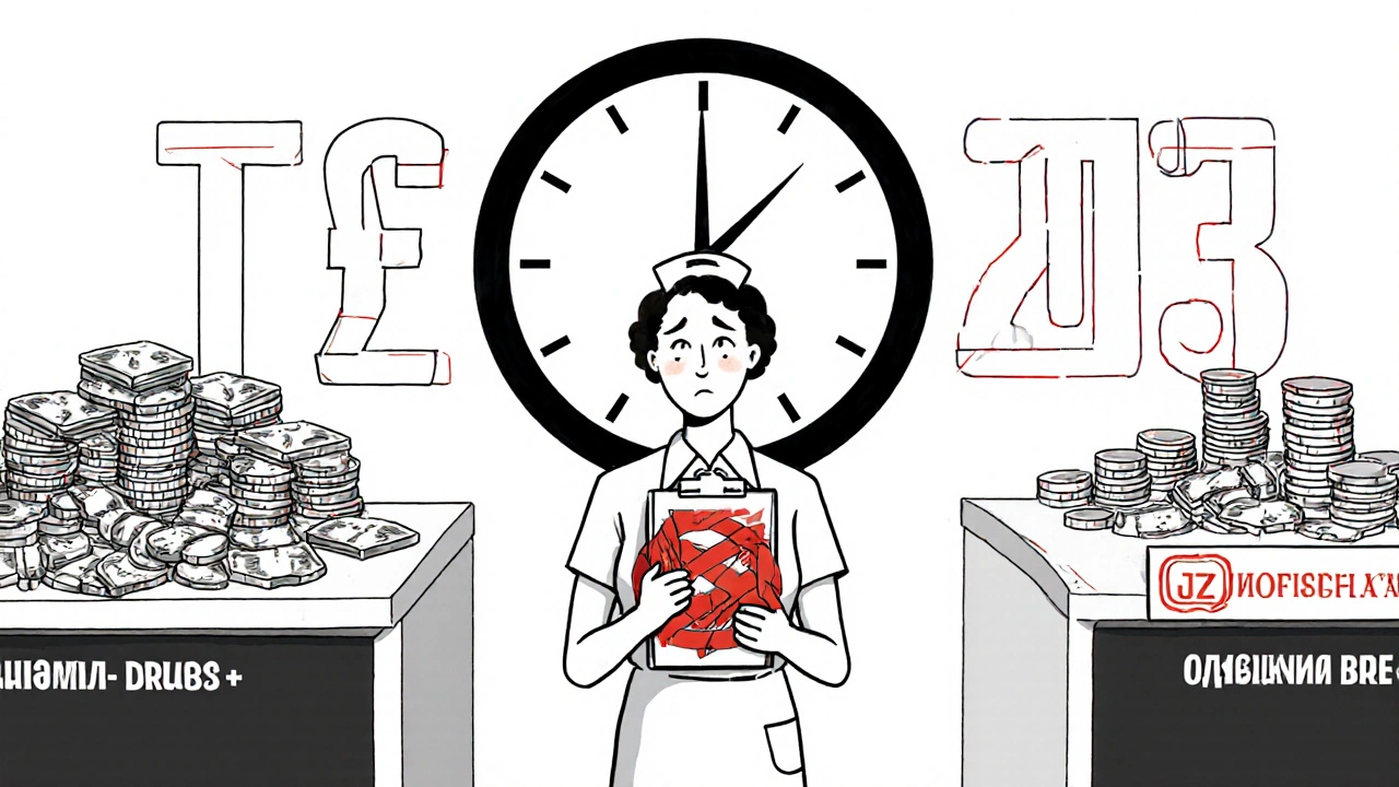 Zwei Abrechnungstische: teures Originalmedikament mit hohem Gewinn, Biosimilar mit geringem Gewinn und JZ-Modifier im Weg.