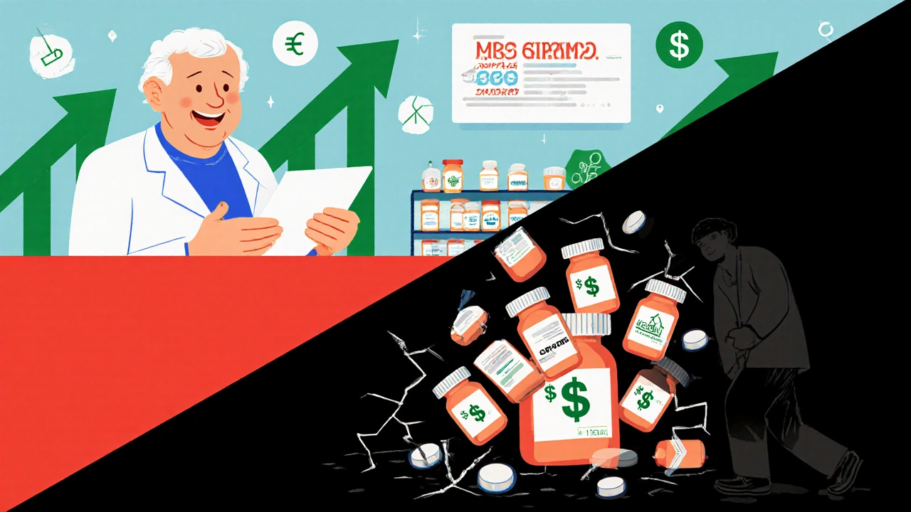 Zwei Seiten eines Patienten: eine Seite mit günstigen Generika und Glück, die andere mit schweren Markenpillen und Schatten.