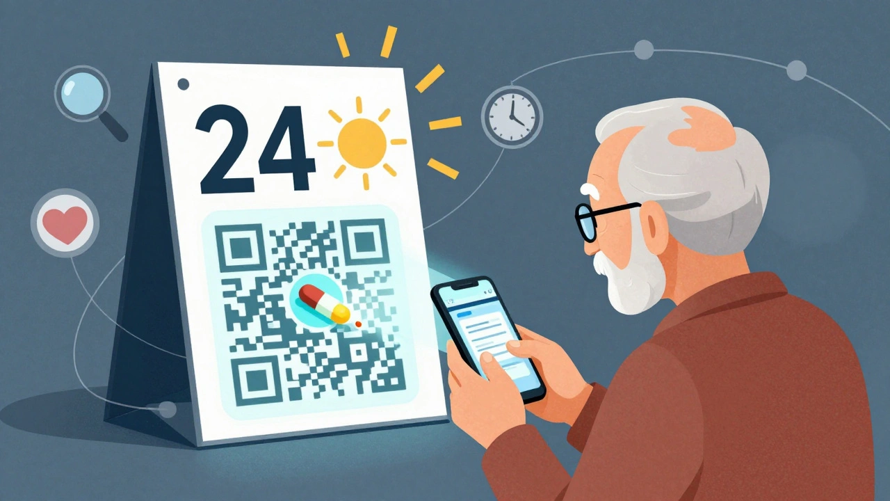 Älterer Mensch scannt Medikamentetikett mit Smartphone, groß geschriebener Name als Monument im Vordergrund.