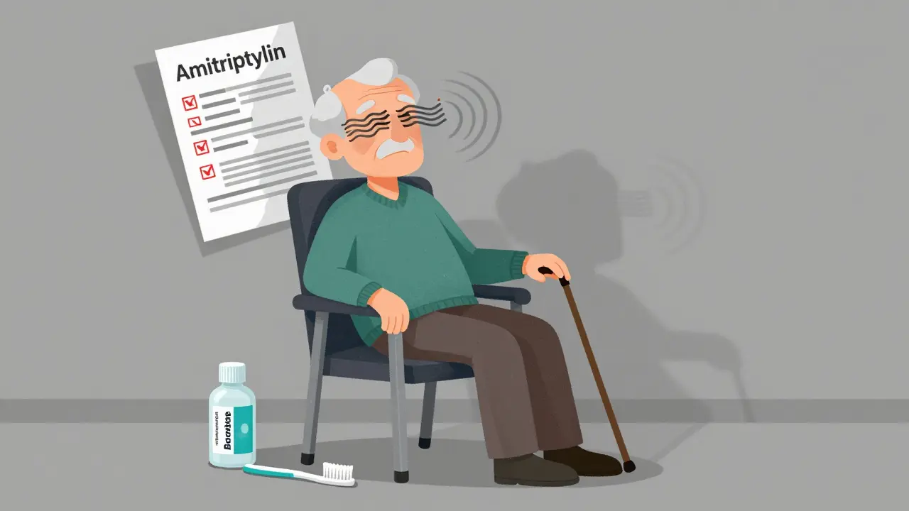 Älterer Mensch steht unsicher auf, von Schwindel und verschwommenem Sehen betroffen, mit medizinischen Symbole im Hintergrund.