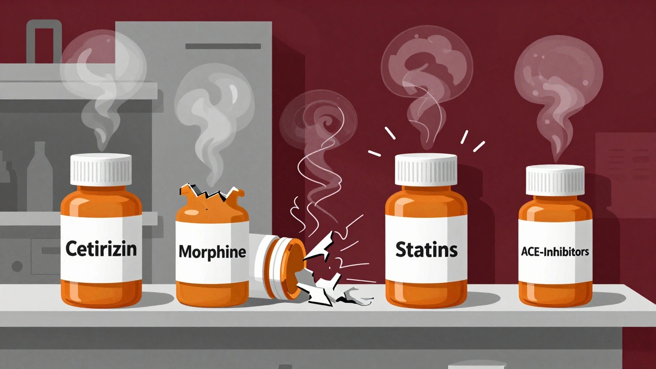 Apothekenregal mit großen Pillenflaschen, aus denen Juckreiz-Signale als wellenförmige Linien entweichen.