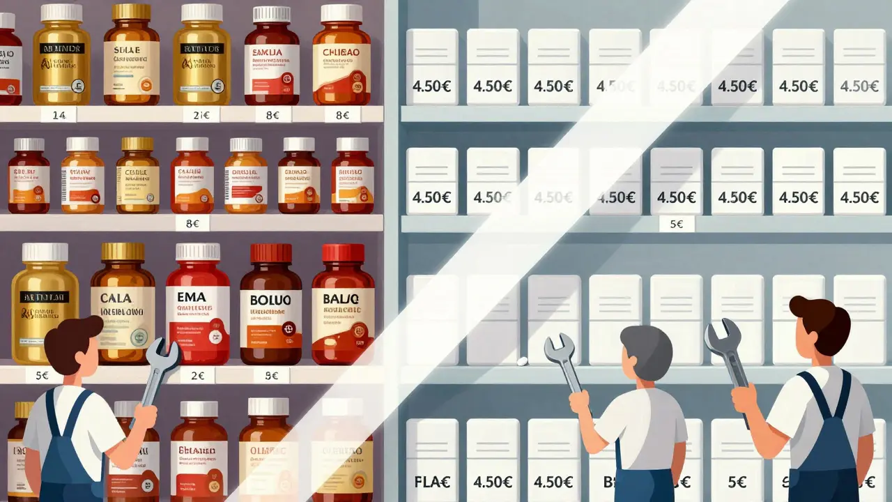 Apothekenregal mit teuren Markenmedikamenten links und günstigen Generika rechts – geometrische Darstellung