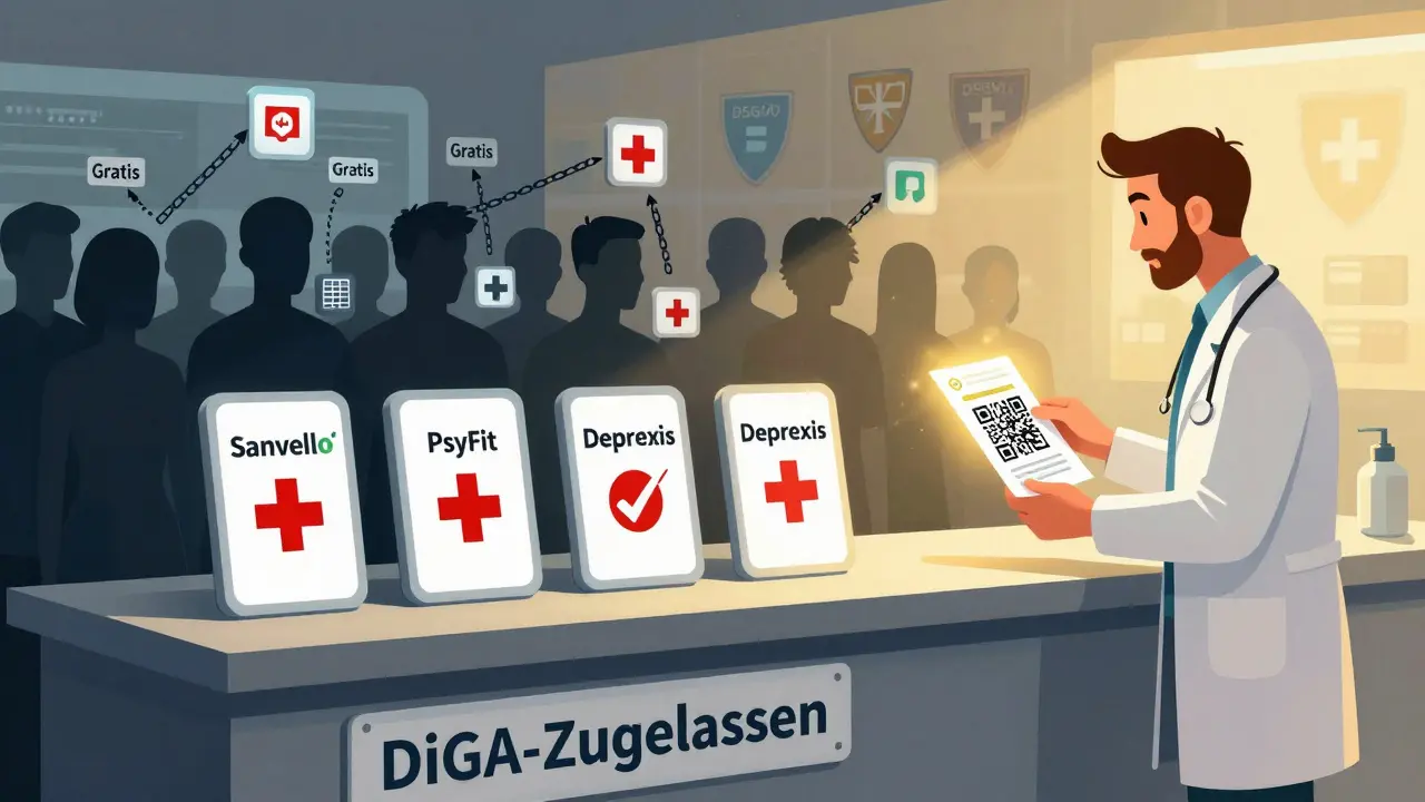 Apothekenregal mit zugelassenen DiGA-Apps, daneben Schattenfiguren mit kostenlosen, riskanten Apps, während ein Arzt einen Code übergibt.
